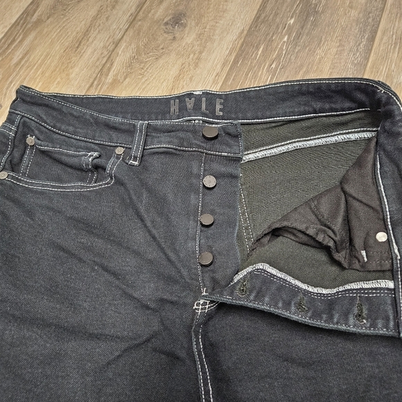 Hale Wide Leg Black Denim Jeans Button Fly White Stiching Women's 32 Grunge - Picture 5 of 12